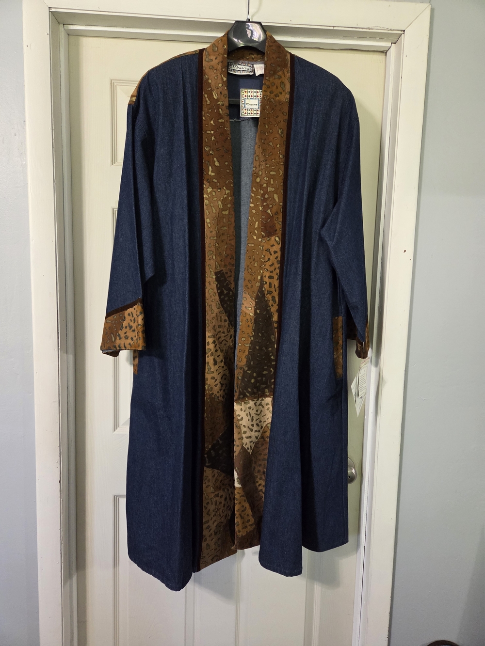 Vintage 90s Molato Denim Duster Jacket - India Batik Tapestry Boho Art to Wear